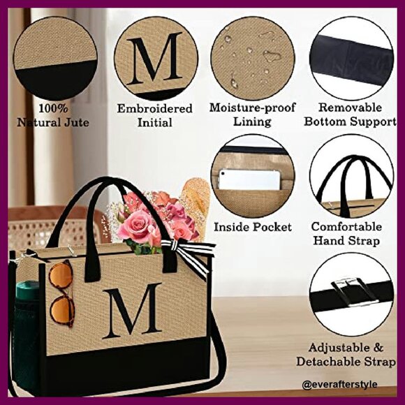 Personalized Jute Tote Bag with Makeup Pouch Elegant Monogram Embroidery Gift - Picture 6 of 8
